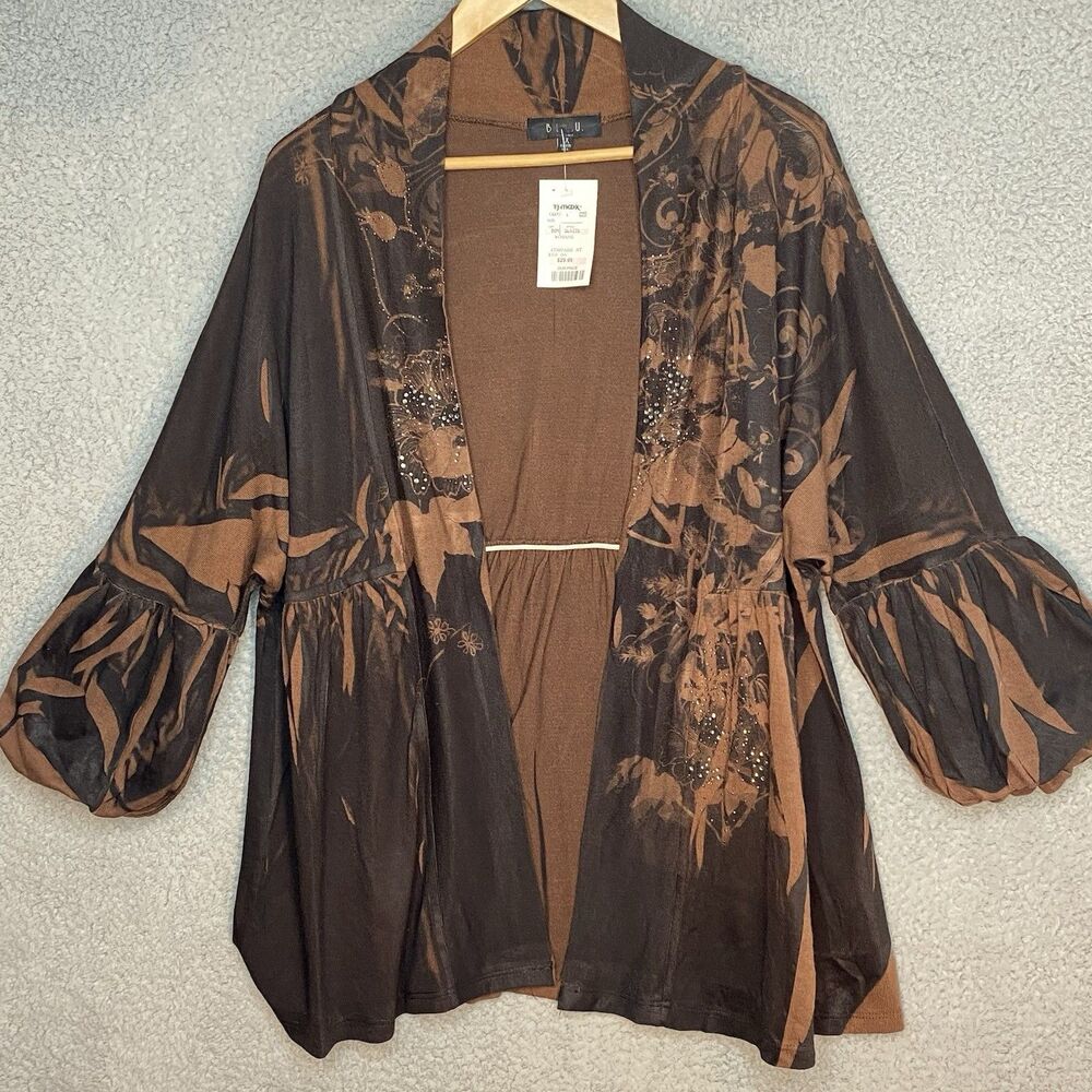 NWT Bleu 1X Open Cardigan Sweater Chocolate Brown Floral Beaded Puff Sleeves XL